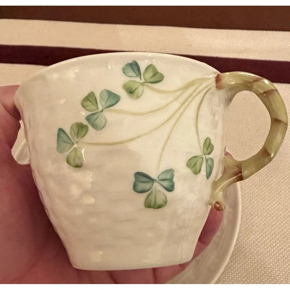 VTG Belleek Shamrock Teacup & Saucer Set w/Basketweave 6th Green Mark 1965-1980
